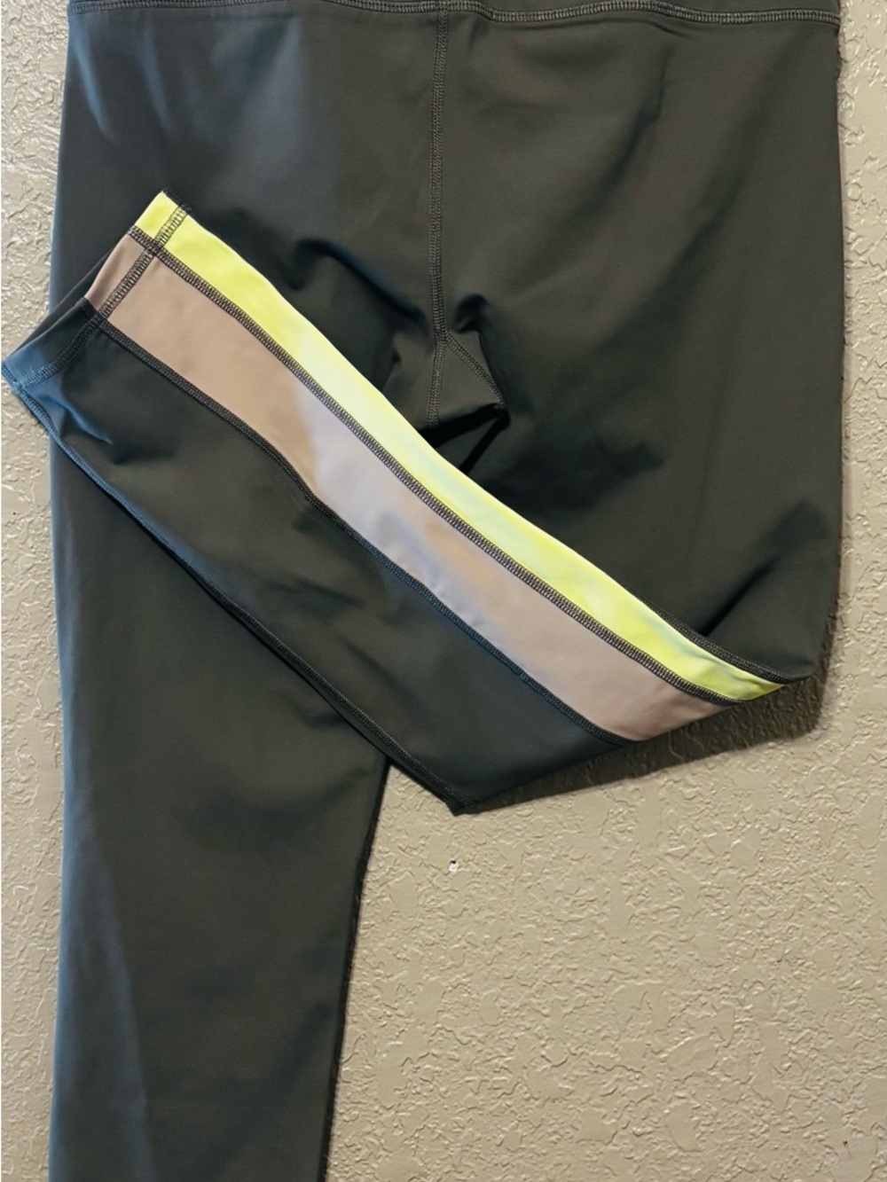 Xersion Black Leggings with Neon Yellow and Gray Stripe